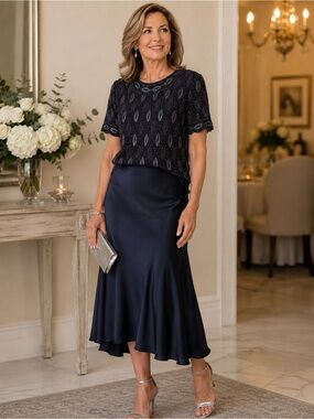 Frank Usher Beaded Navy Evening Top Wedding Guest Cocktail Blouse S Event Preppy